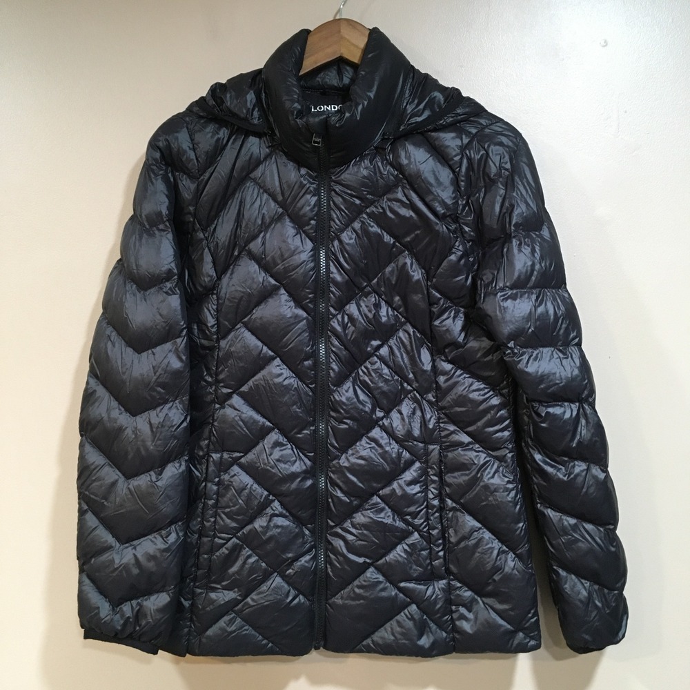 London Fog Lightweight Packable Down Puffer Jacket Womens S Black Removable Hood